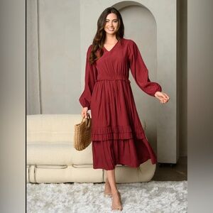 Burgundy Long-sleeved Midi Dress
